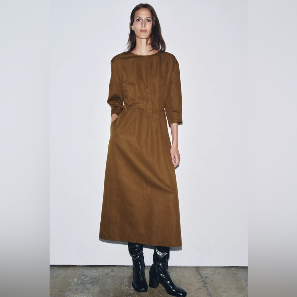 ZARA LINEN BLEND ZW COLLECTION PLEATED MIDI DRESS - Picture 2 of 9